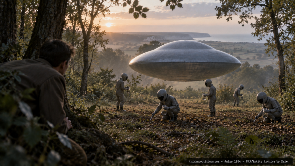 Illustration of a mushroom-shaped craft and five entities collecting samples in a wooded clearing near Lydden, Kent, England, July 1954