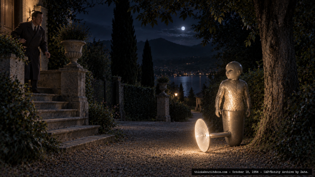 Illustration of a legless, armored entity with a luminous disc-tipped pipe confronting a man on villa garden steps at midnight, Erba, Como, Italy, October 18, 1954