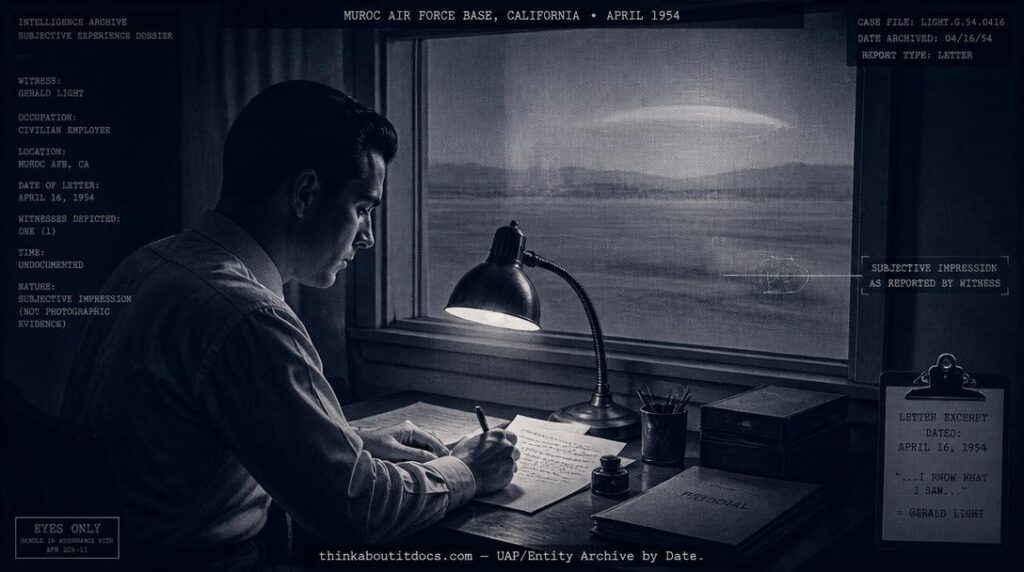 Dossier-style illustration of the 1954 Muroc Air Force Base story showing a man writing a letter with a faint translucent impression of a desert airfield visible behind him