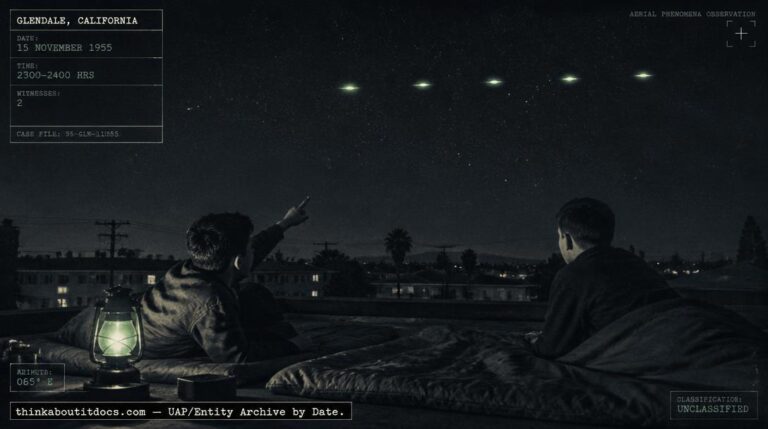 Dossier-style illustration of the 1955 Glendale, California sighting showing two teenage witnesses on a rooftop watching five greenish disc-shaped lights cross the night sky