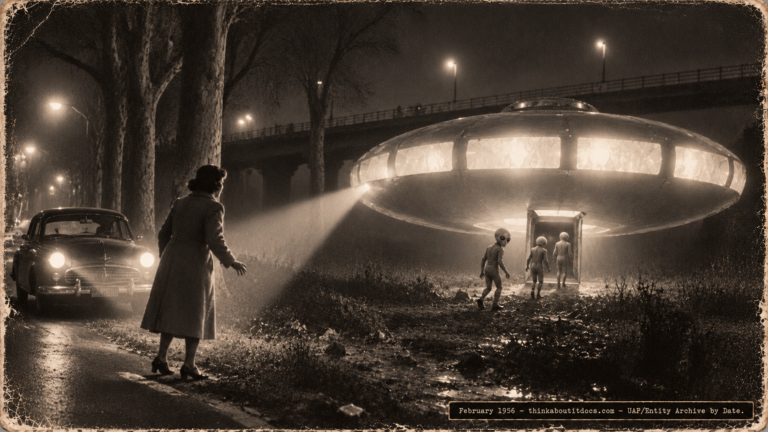 1950s-style illustration of a woman frozen by a light beam as small large-eyed humanoids enter a hovering pumpkin-shaped craft at Choisy-le-Roi, France in February 1956.