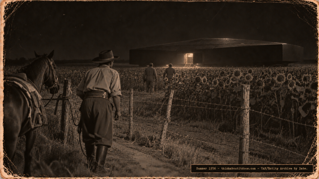 1950s-style illustration of an Argentine farmhand tying his horse to a fence post as he follows two men in coveralls toward a dark square craft in a sunflower field near Viale, Entre Ríos, Argentina, summer 1956.