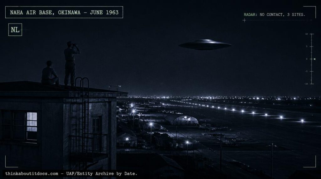 Illustration of the silent, unlit, disc-shaped UFO reported crossing Naha Air Base, Okinawa, Japan at night in June 1963