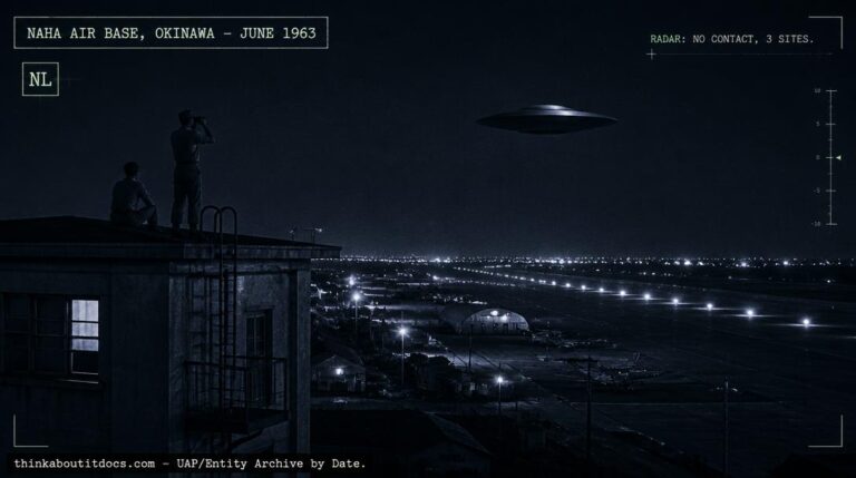 Illustration of the silent, unlit, disc-shaped UFO reported crossing Naha Air Base, Okinawa, Japan at night in June 1963