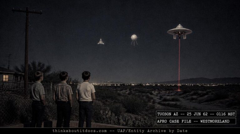 Dossier-style reconstruction of the June 25 1962 Tucson Arizona APRO Westmoreland UFO sighting showing three boys watching three structured objects over Pantano Wash with a red light beam descending from the closest disc