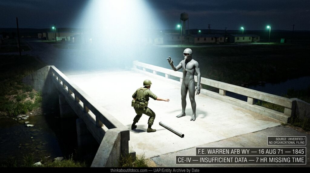 Dossier-style reconstruction of the August 1971 F.E. Warren AFB entity encounter showing a soldier crouching on a brightly lit military bridge facing a 6-7 foot tall entity in a seamless suit with a tracheal tube from nose to chest and three-fingered clawed hands