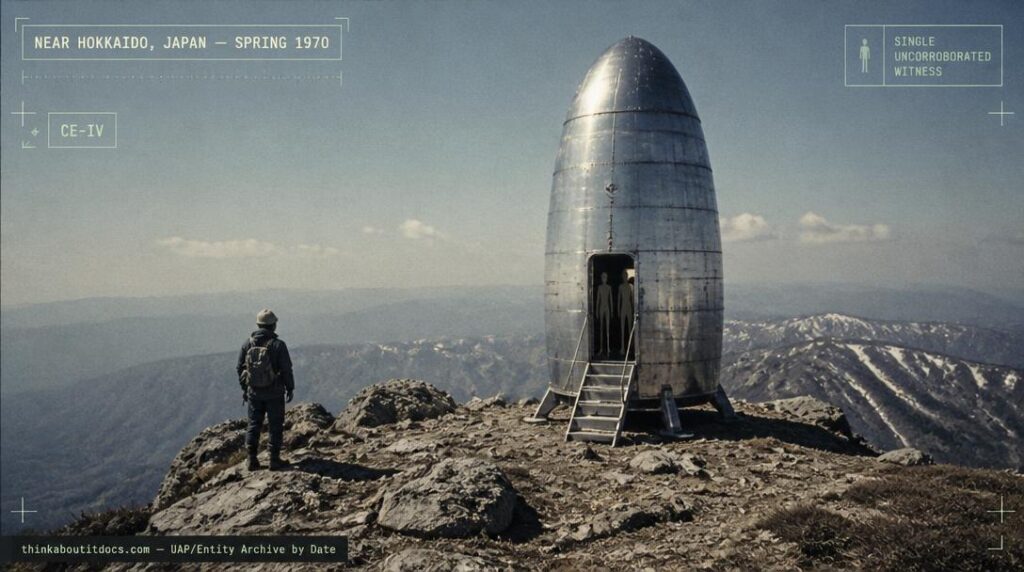 Illustration of a squat, cigar-shaped craft reported landed on a remote mountain summit near Hokkaido, Japan in 1970