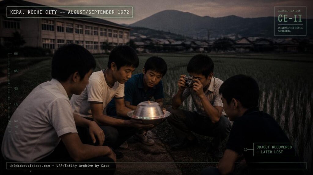 Illustration of the small, silver, hat-shaped UFO reportedly captured and examined by five junior high school boys in Kera, Kōchi City, Japan in 1972, alongside the related 1976 Agawa encounter of Sachiko Oyama