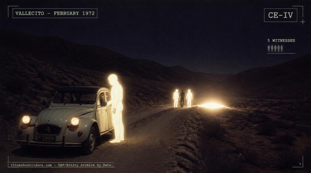 Illustration of the stalled Citroën 3CV and tall, luminous white humanoid figures reported near Vallecito, San Juan, Argentina in February 1972