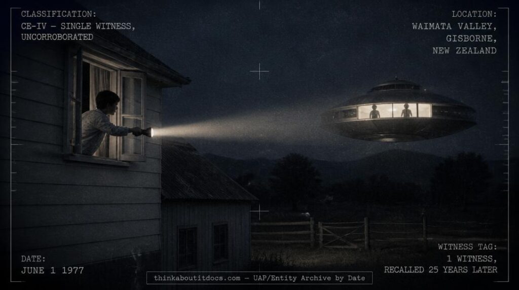 A metallic disc-shaped UFO hovering over a rural New Zealand farmhouse at night with a teenage boy signaling it with a torch, 1977