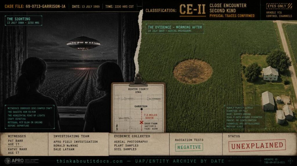 Intelligence-dossier reconstruction of the July 13 1969 Garrison Iowa CE-II showing a split composition with a nighttime scene of a rotating disc hovering over a bean field seen from a farmhouse window and a daytime aerial photograph showing a 40-foot burned circle in the green crop