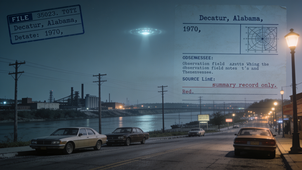 Dossier-style archival reconstruction of the 1970 Decatur Alabama UFO sighting showing a period-accurate North Alabama industrial street scene at night with a faint unresolved aerial anomaly and investigative file overlays including case stamp, regional map inset, and redacted source line