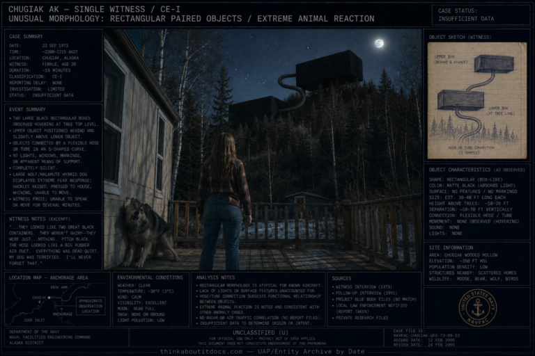 Intelligence dossier illustration of the 1973 Chugiak Alaska UFO sighting showing a woman on her deck watching two massive silent flat-black rectangular objects connected by a hose hovering at treetop level above a wooded hill with a terrified wolf-dog behind her and HUD overlay marking the case as CE-I Insufficient Data