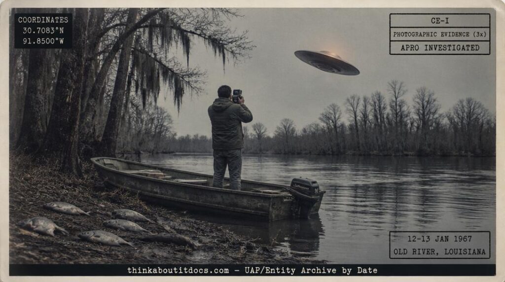 Reconstruction of the January 12–13, 1967, Baton Rouge encounters where a fisherman photographed a disc-shaped UFO three times over Old River north of Baton Rouge, Louisiana