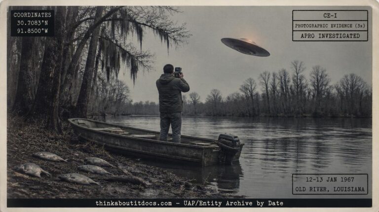 Reconstruction of the January 12–13, 1967, Baton Rouge encounters where a fisherman photographed a disc-shaped UFO three times over Old River north of Baton Rouge, Louisiana