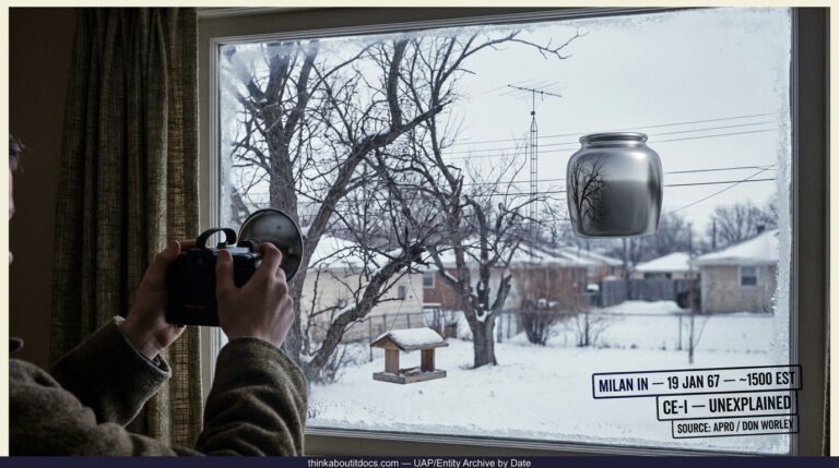 Dossier-style reconstruction of the January 1967 Milan Indiana beanpot UFO showing a small squat silvery object gliding past a house window at antenna level while a teenage boy aims a Kodak Hawkeye camera through the glass