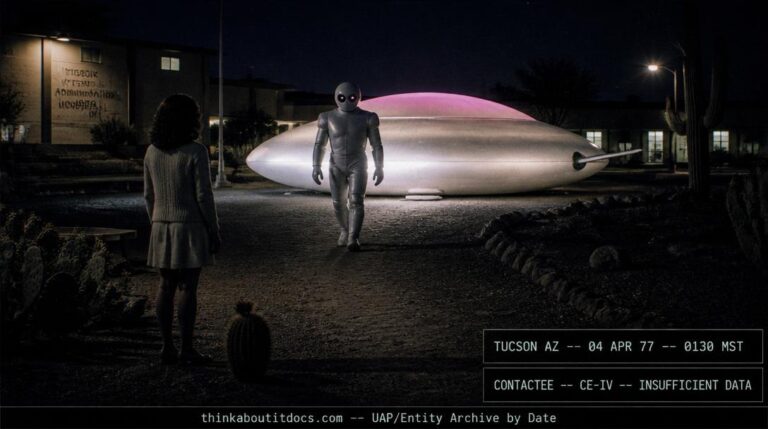 Dossier-style reconstruction of the April 4 1977 Tucson VA Hospital close encounter showing a luminous pink-topped ellipsoidal craft on institutional grounds as a tall silver-suited entity approaches a transfixed woman at night