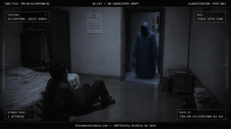 A large hooded, cloaked dark figure gliding through the doorway of a dim off-base apartment near Kunsan Air Base, South Korea, circa 1979