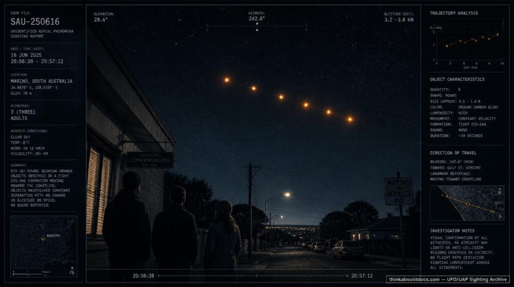 Illustration of the 1981 Adelaide, South Australia UFO sighting showing six round, glowing orange objects in tight formation over Hindmarsh at night