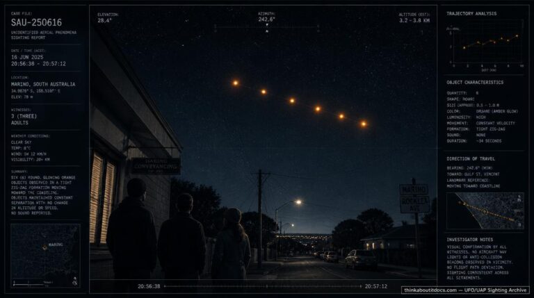 Illustration of the 1981 Adelaide, South Australia UFO sighting showing six round, glowing orange objects in tight formation over Hindmarsh at night