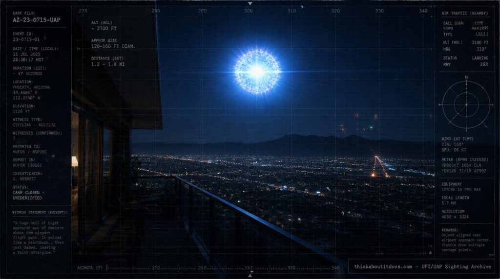 Illustration of the 1982 Brisbane, Australia UFO sighting showing a massive pulsating blue-white sphere of light hovering over the city near the airport flight path