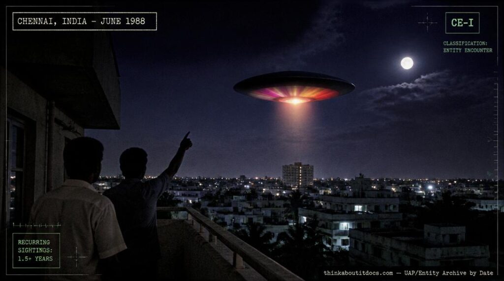 Illustration of the color-shifting oval UFO reported hovering near a hostel balcony in Chennai, India in June 1988