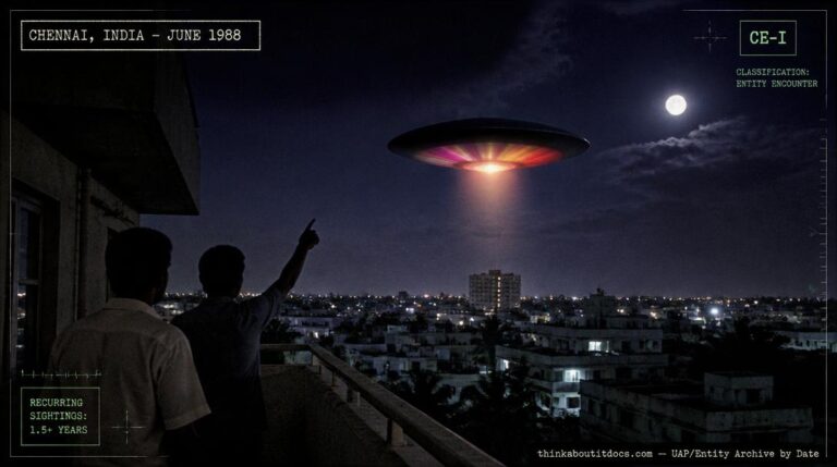 Illustration of the color-shifting oval UFO reported hovering near a hostel balcony in Chennai, India in June 1988