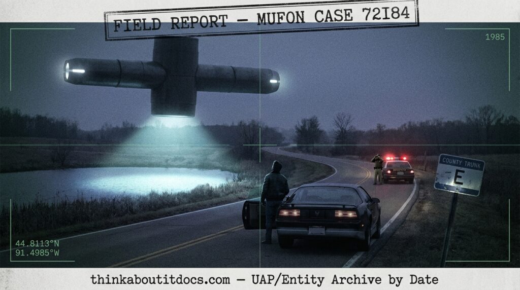 Dossier-style reconstruction of a massive cruciform cylindrical UFO hovering over County Trunk E near Eau Claire Wisconsin at dusk August 1985 with a Trans Am stopped below and a sheriff's squad car with flashing lights in the distance