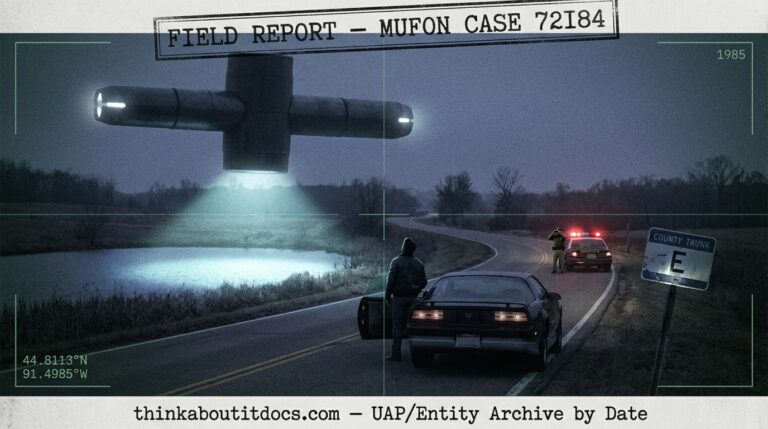 Dossier-style reconstruction of a massive cruciform cylindrical UFO hovering over County Trunk E near Eau Claire Wisconsin at dusk August 1985 with a Trans Am stopped below and a sheriff's squad car with flashing lights in the distance