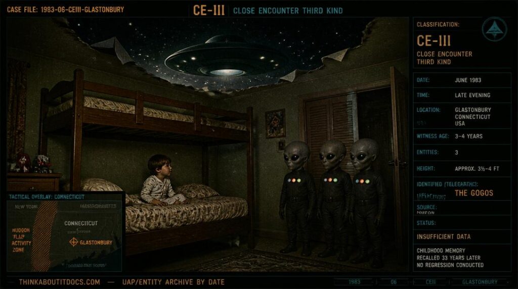 Intelligence-dossier reconstruction of the 1983 Glastonbury Connecticut CE-III showing three short uniformed Gray-type beings with colored chest controls standing at the right side of a child's bottom bunk bed while the ceiling above has dissolved to reveal a starry sky with a disc-shaped craft hovering in the opening