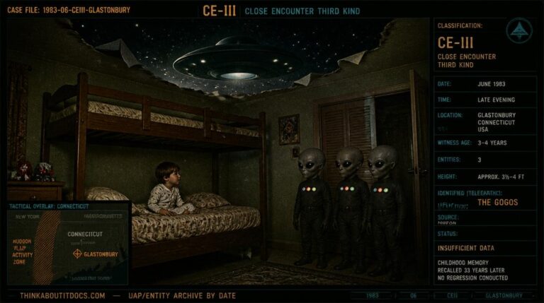 Intelligence-dossier reconstruction of the 1983 Glastonbury Connecticut CE-III showing three short uniformed Gray-type beings with colored chest controls standing at the right side of a child's bottom bunk bed while the ceiling above has dissolved to reveal a starry sky with a disc-shaped craft hovering in the opening