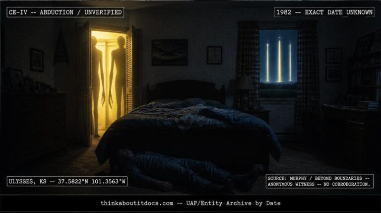 Dossier-style reconstruction of the 1982 Ulysses Kansas abduction showing a rural bedroom interior with an intense golden light bleeding through a closet wall, two tall thin silhouetted humanoid figures emerging from the light, a man's body at the foot of the bed, and three distant vertical light columns visible through the window with HUD classification and anonymous source warning stamps