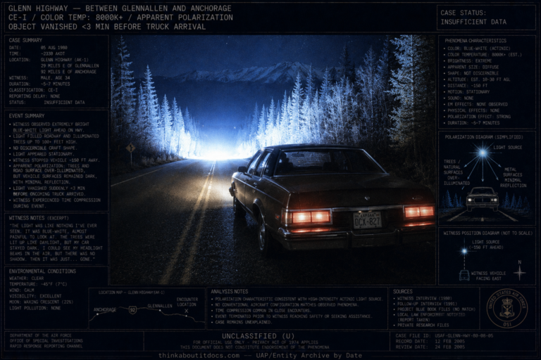 Intelligence dossier illustration of the August 5 1980 Glennallen Alaska Glenn Highway UFO encounter showing a car stopped on a dark remote highway facing a blindingly brilliant actinic blue-white light source that illuminates the surrounding trees but barely reflects off the car metal demonstrating apparent polarization with HUD overlay marking the case as CE-I Insufficient Data