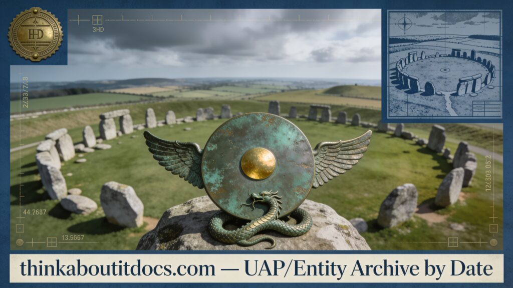 Bronze Age winged-disc artifact with serpent iconography set against the Avebury stone circle, representing the Taranis thunder-god UFO theory