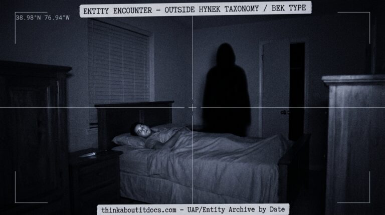 Dossier-style reconstruction of a featureless human-shaped shadow entity standing beside a bed in a dark Maryland suburban apartment circa 1979 as the occupant lies rigid with dread