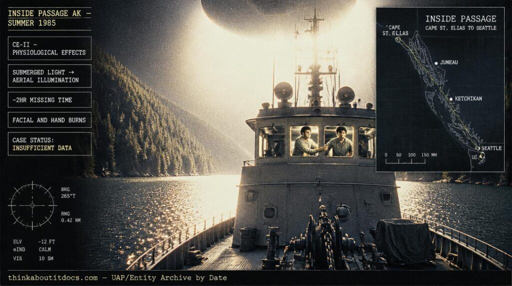 Intelligence dossier illustration of the summer 1985 Alaska Inside Passage encounter showing a 300-foot tender vessel bathed in daylight-intensity illumination from an enormous object while two crew members watch from the bridge with HUD overlay marking the case as CE-II with physiological effects and Insufficient Data