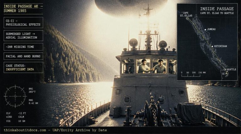 Intelligence dossier illustration of the summer 1985 Alaska Inside Passage encounter showing a 300-foot tender vessel bathed in daylight-intensity illumination from an enormous object while two crew members watch from the bridge with HUD overlay marking the case as CE-II with physiological effects and Insufficient Data