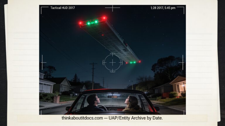 Dossier-style illustration of the 2017 Santa Rosa, California sighting showing a couple in a car watching a massive rectangular object with red and green lights pass low overhead at night