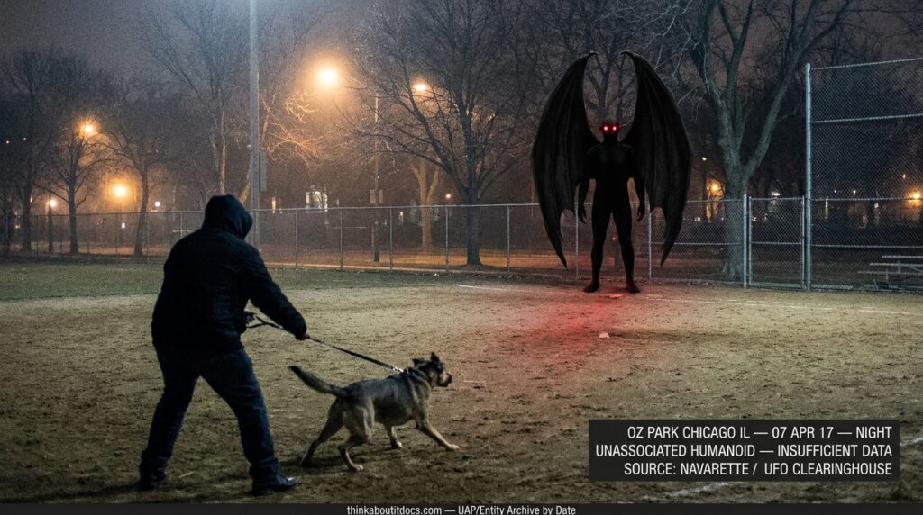 Dossier-style reconstruction of the April 2017 Oz Park Chicago Mothman sighting showing a witness and dog confronting a seven-foot solid black winged humanoid with glowing ruby red eyes near a baseball diamond at night