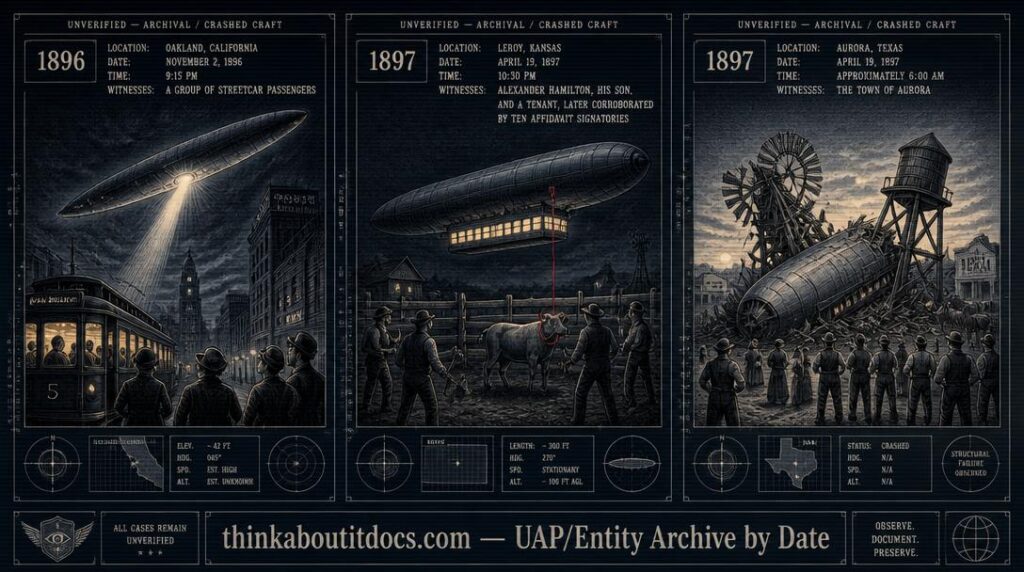 Three-panel intelligence archive illustration showing the November 1896 Oakland cigar-shaped airship over streetcar passengers, the April 1897 Alexander Hamilton Kansas cattle abduction by a low-hovering airship, and the April 1897 Aurora Texas crashed airship wreckage at a windmill and water tower
