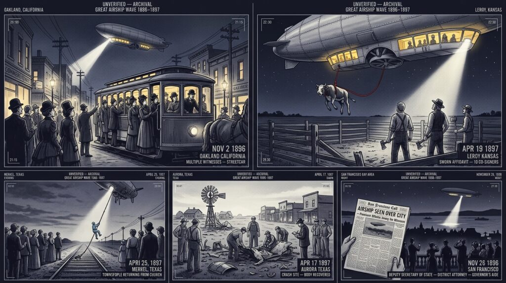 Five-panel turn-of-century intelligence dossier collage showing the November 1896 Oakland California streetcar passengers witnessing the Great Airship, Alexander Hamilton's April 1897 Leroy Kansas sworn affidavit scene with the 300-foot cigar craft and heifer on red cable, the April 1897 Merkel Texas rope-descent occupant event, the April 1897 Aurora Texas crash site with townspeople gathered, and the November 1896 San Francisco mass sighting witnessed by the Deputy Secretary of State and District Attorney