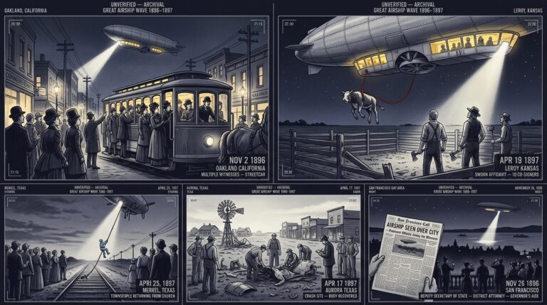 Five-panel turn-of-century intelligence dossier collage showing the November 1896 Oakland California streetcar passengers witnessing the Great Airship, Alexander Hamilton's April 1897 Leroy Kansas sworn affidavit scene with the 300-foot cigar craft and heifer on red cable, the April 1897 Merkel Texas rope-descent occupant event, the April 1897 Aurora Texas crash site with townspeople gathered, and the November 1896 San Francisco mass sighting witnessed by the Deputy Secretary of State and District Attorney