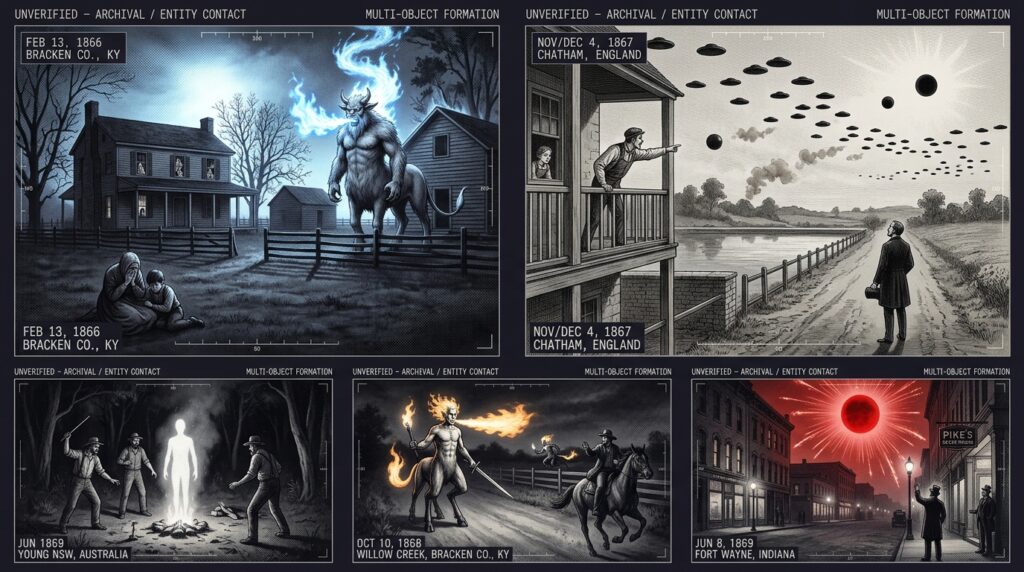 Five-panel post-Civil War intelligence dossier collage showing the February 1866 Bracken County Kentucky blue-fire breathing horned monster beside a plantation cabin, the November 1867 Chatham England black disc formation witnessed by a miller and James Beveridge, the June 1869 Young New South Wales hollow humanoid figure growing from a small white object near three fencers, the October 1868 Bracken County Willow Creek flame-tailed horse-legged sword-wielding figure, and the June 1869 Fort Wayne Indiana pre-dawn red ball with radiating rays and Roman candle sparks