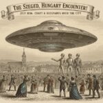 A vintage-style illustration of the July 1836 Szeged, Hungary UFO sighting, showing a large metallic disc-shaped craft and its occupants hovering over a crowded city square.