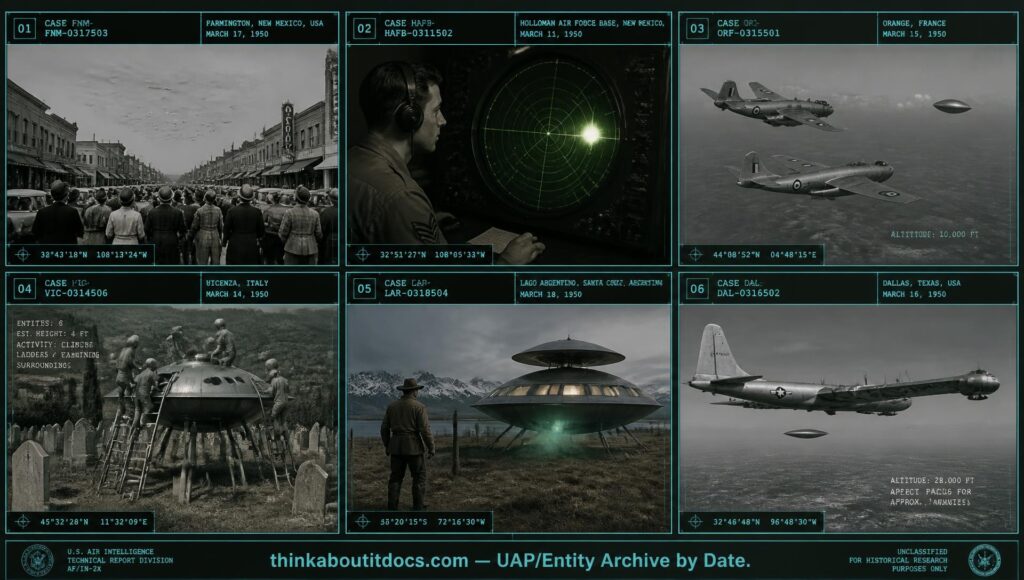 Six-panel collage of March 1950 UFO sightings including the Farmington Armada, Holloman AFB, and international humanoid encounters
