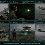 Six-panel collage of March 1950 UFO sightings including the Farmington Armada, Holloman AFB, and international humanoid encounters