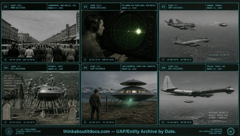 Six-panel collage of March 1950 UFO sightings including the Farmington Armada, Holloman AFB, and international humanoid encounters