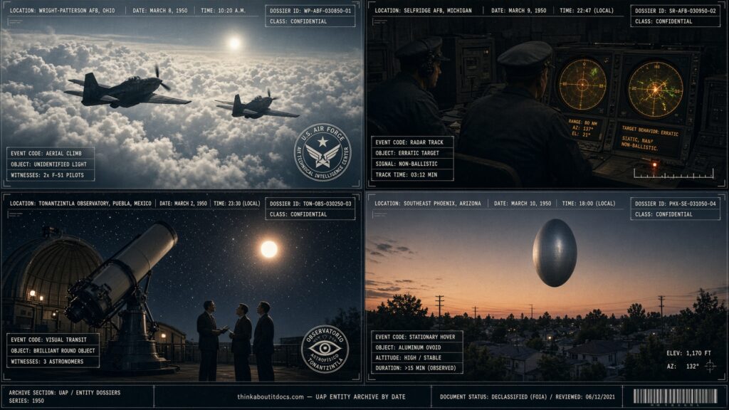 Four-panel dossier collage: the Wright-Patterson AFB interception, the Selfridge AFB radar case, the Tonantzintla Observatory sighting, and the Phoenix Arizona ovoid, all March 1950