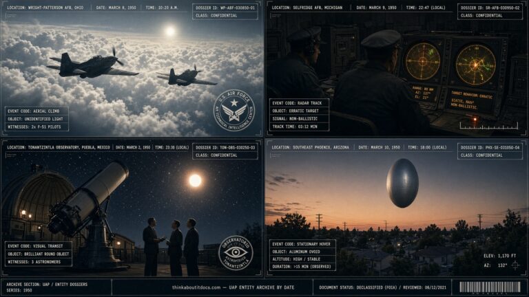 Four-panel dossier collage: the Wright-Patterson AFB interception, the Selfridge AFB radar case, the Tonantzintla Observatory sighting, and the Phoenix Arizona ovoid, all March 1950