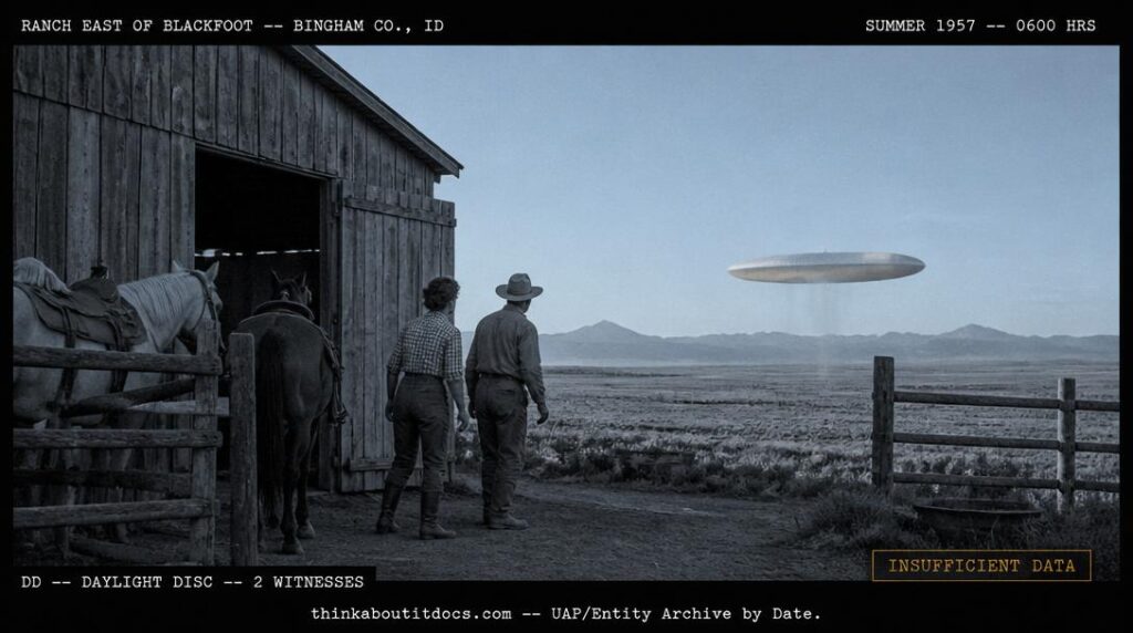 Dossier-style reconstruction of the summer 1957 Blackfoot Idaho daylight disc sighting showing two ranch witnesses outside a barn watching a large greyish-white cigar-shaped object hovering near ground level half a mile away across flat Snake River Plain ranchland in early morning light with the Bannock Range on the eastern horizon